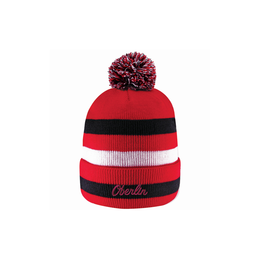 Primetime Striped Beanie w/Pom | Oberlin Campus Store display picture 1